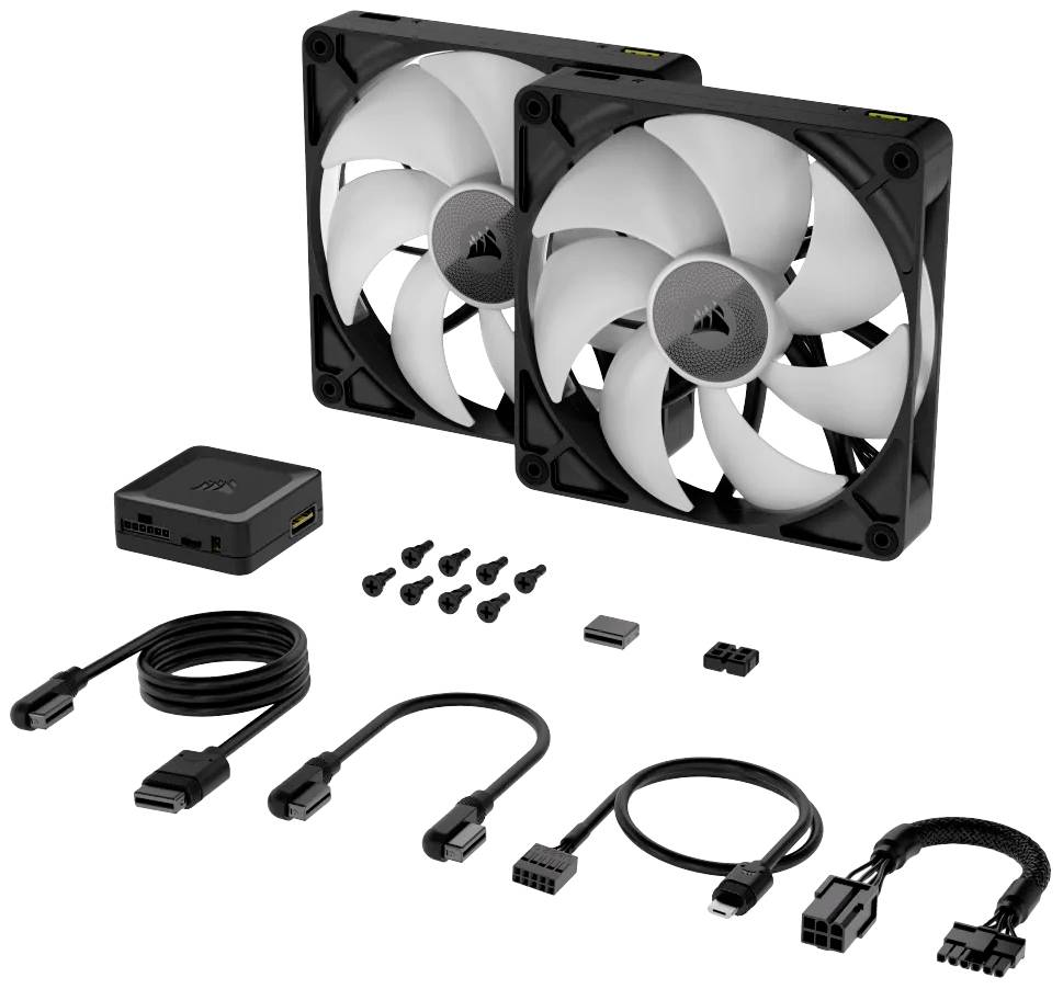 Dva počítačové ventilátory s kabely a příslušenstvím, připravené k instalaci do počítačové skříně.
