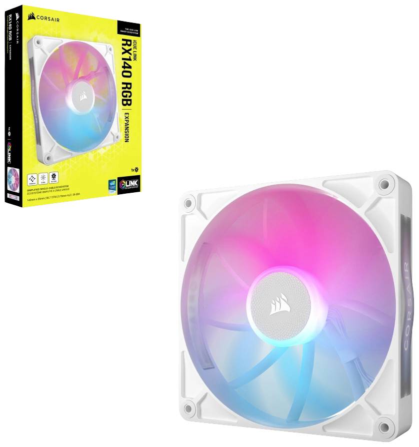 Corsair RGB ventilátor do počítačové skříně se svítícími barvami. Vedle něj je produktové balení s názvem produktu a logem značky v zářivých barvách.