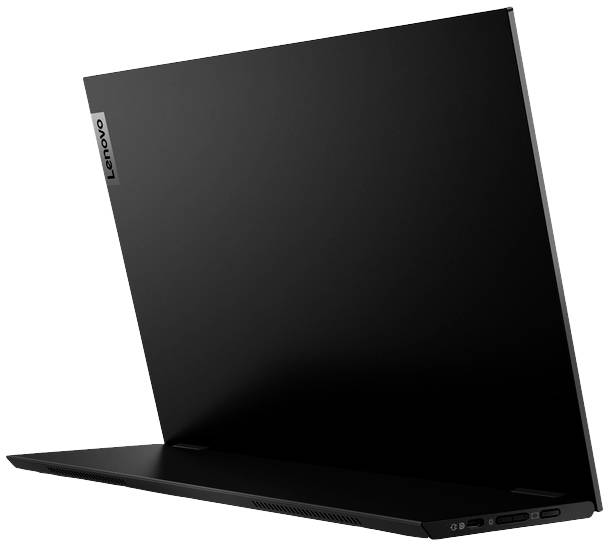 Černý notebook Lenovo, lehce otevřený, pohled zezadu zprava.