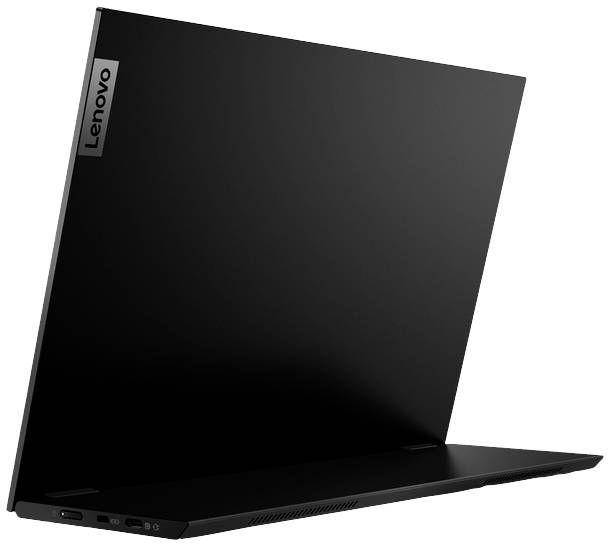 Černý notebook Lenovo otevřený a zobrazený z boku; štíhlý a moderní design.