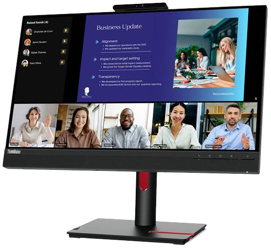Počítačový monitor zobrazuje virtuální schůzku s pěti účastníky. Na pravé straně jsou prezentační snímky s názvem 'Obchodní update'.