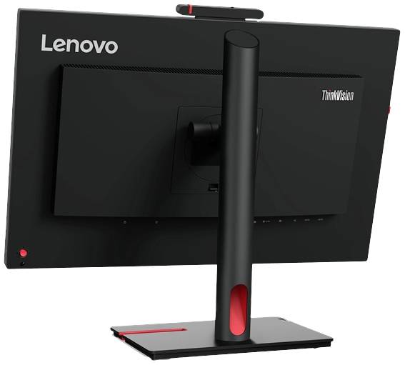 Zadní strana monitoru Lenovo ThinkVision, černá s elegantním podstavcem. Logo značky viditelné vlevo nahoře.