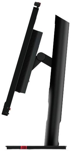 Počítačový monitor z bočního pohledu ukazuje štíhlý design s černým tělem a červeným detailem na podstavci.
