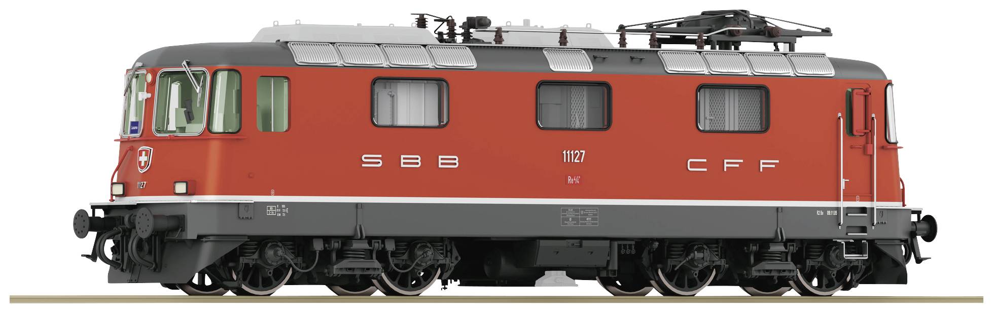 Červená lokomotiva SBB se dvěma sběrači proudu a černými detaily, boční pohled. Před šedým pozadím.