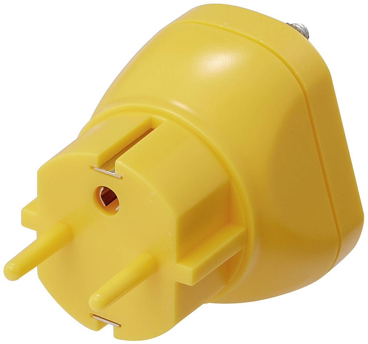 Žlutý adaptér Schuko vhodný pro evropské zásuvky.