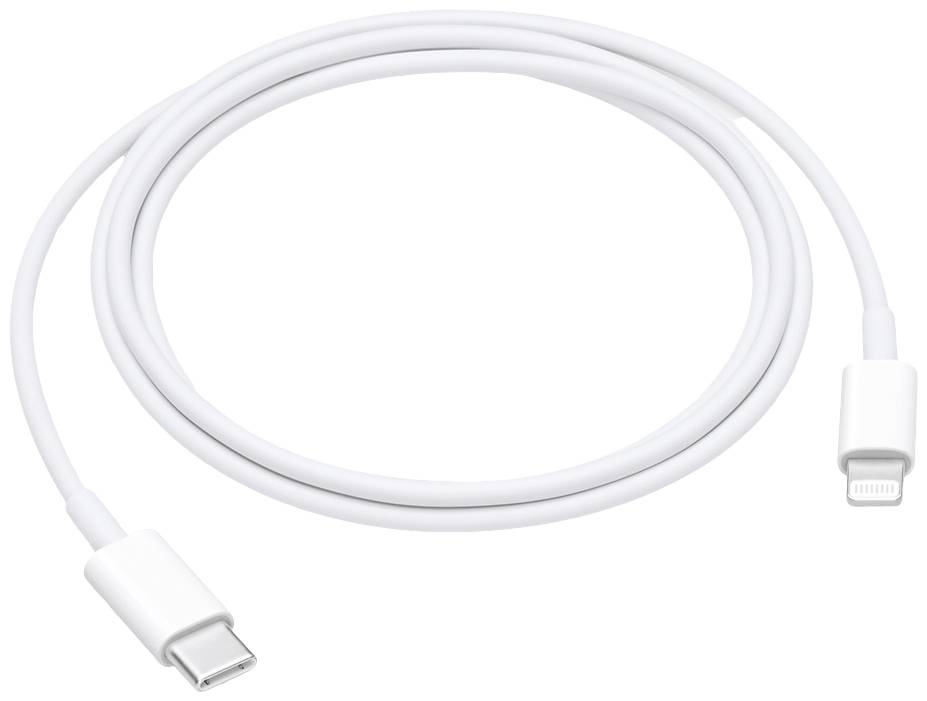 Bílý kabel s konektory USB-C a Lightning, běžně používaný k nabíjení mobilních zařízení.