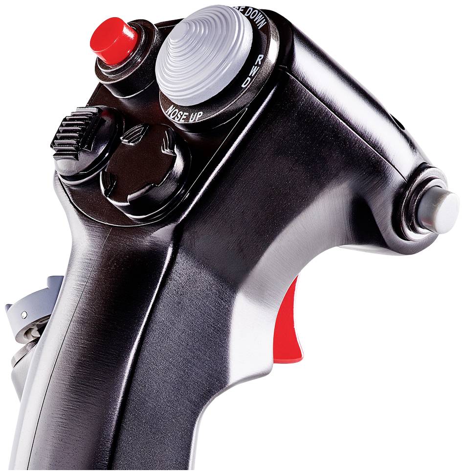 Černý joystick s několika tlačítky a přepínači, včetně červeného nouzového tlačítka a šedého otočného kolečka. Vhodný pro přesné ovládání.