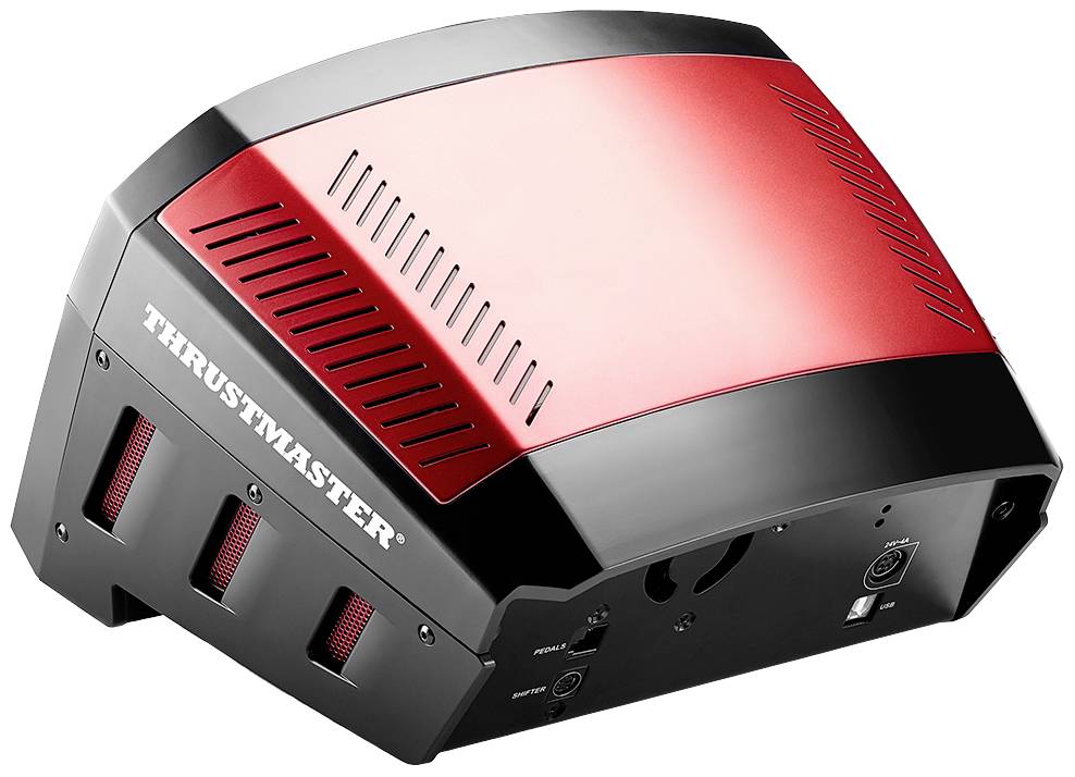 Červené a černé elektronické zařízení značky Thrustmaster. Má několik větracích otvorů a konektorů na zadní straně.