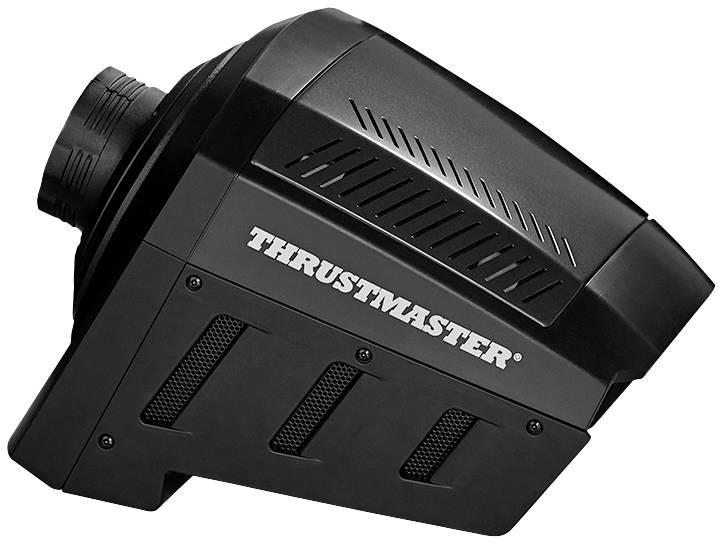 Černý volant Thrustmaster se vzduchovými štěrbinami, vyfotografovaný z úhlu ze strany.