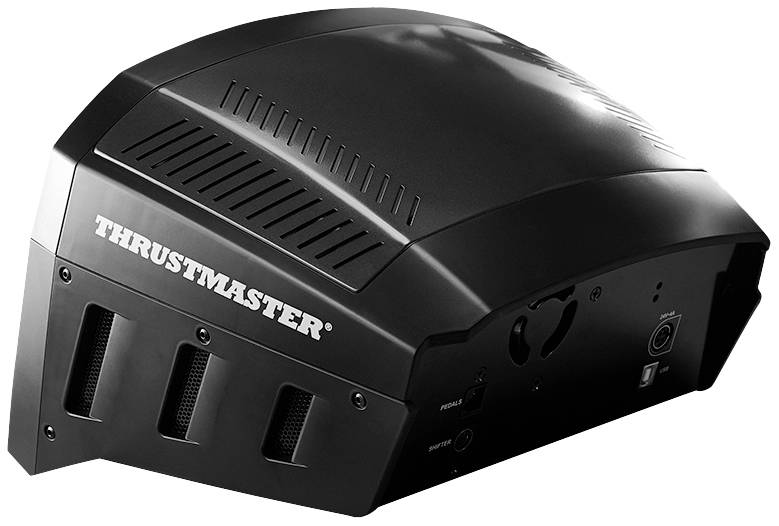 Černý ovladač volantu značky Thrustmaster s větracími otvory a různými přípojkami po straně.