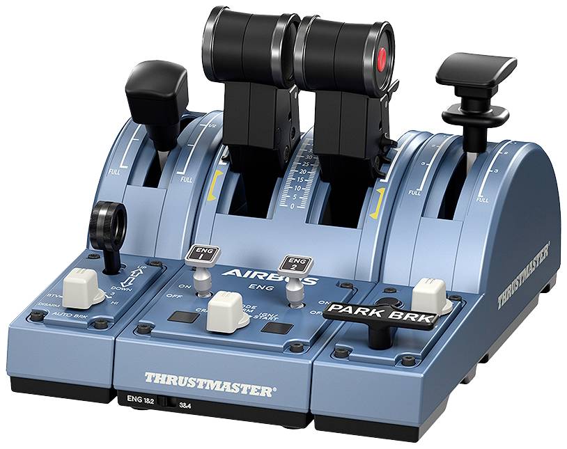 Modrý letový ovladač Thrustmaster s pákami a tlačítky určený pro ovládání tahu a dalších letových funkcí.