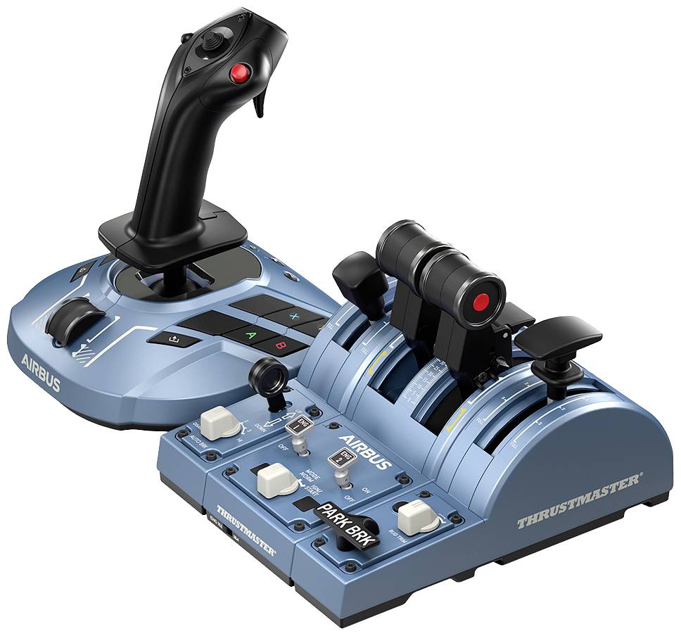 Sada joysticku a škrti páky pro letecké simulace. Sada je modrá s černým joystickem a několika tlačítky a pákami.