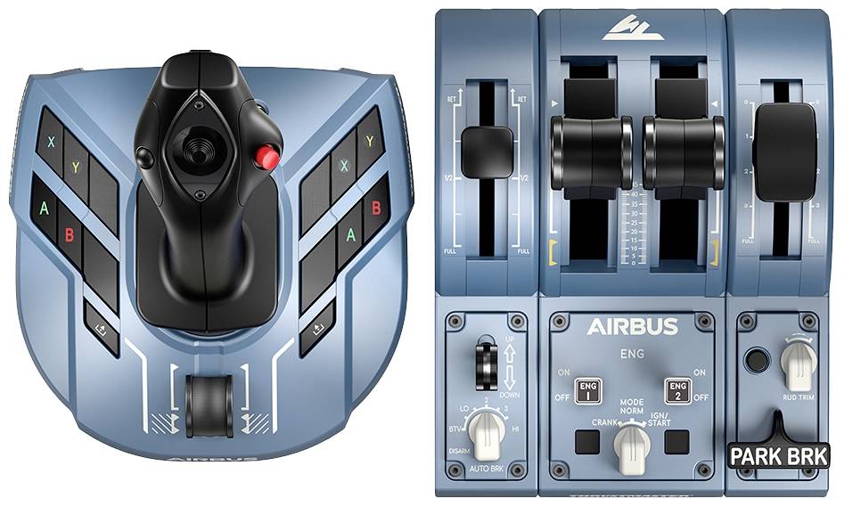 Modrá sada ovládacích pák a škrticích ventilů letadla s tlačítky a pákami, označená logem Airbusu, určená pro letecké simulace.