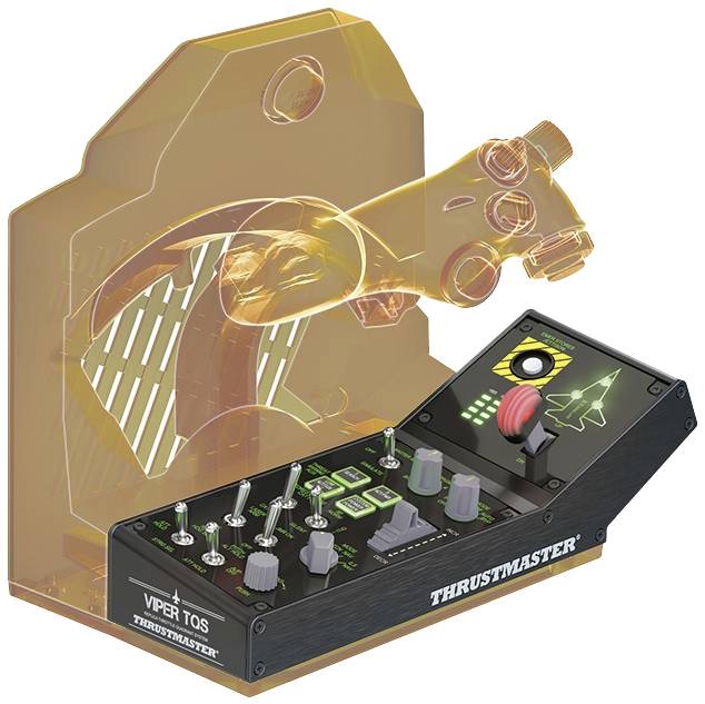 Sada joysticku a plynového regulátoru s několika ovládacími prvky a tlačítky, ideální pro letecké simulace. Značka: Thrustmaster.