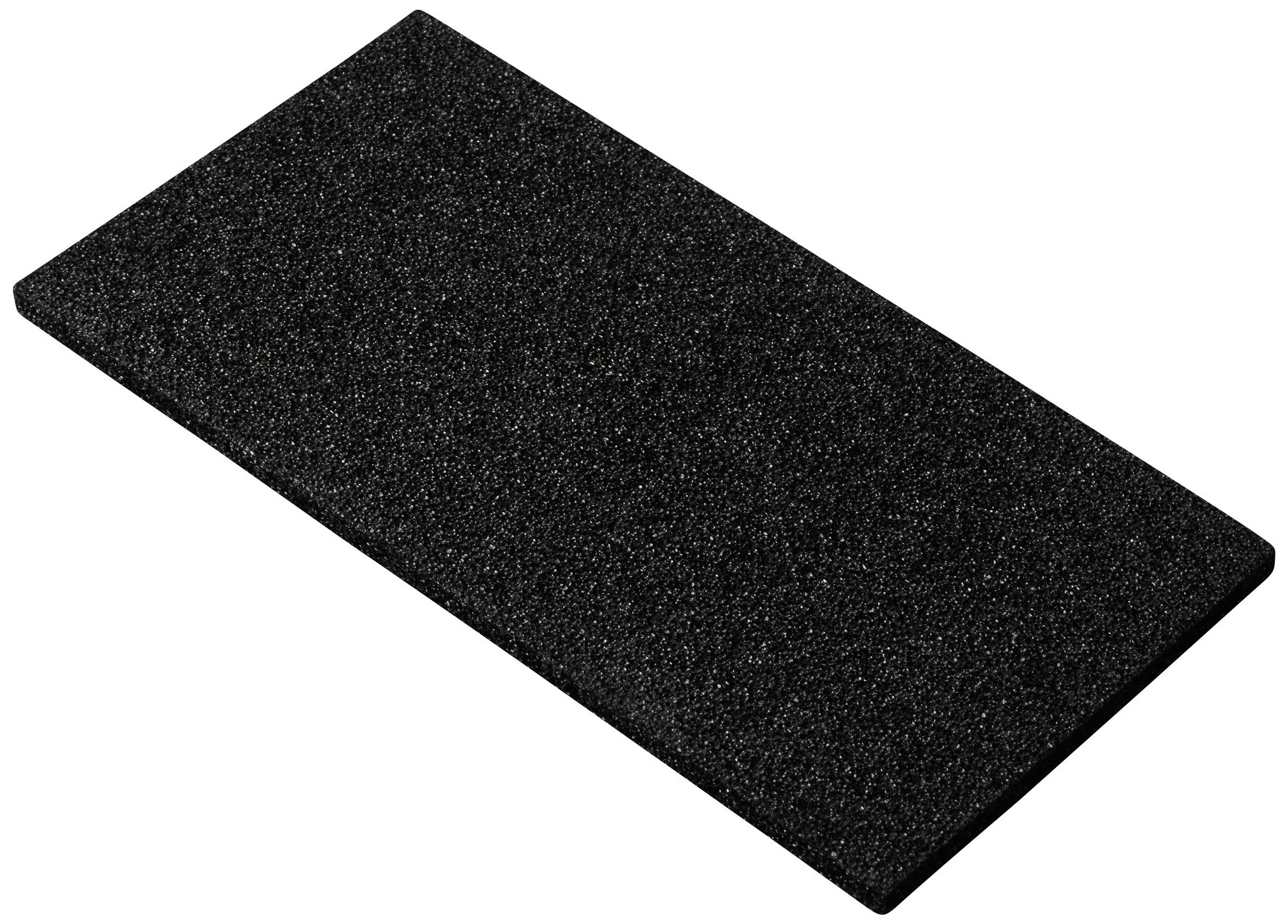 Černý obdélníkový blok z pěnového materiálu na bílém pozadí, používaný jako tlumič nebo izolační materiál v obalech nebo konstrukčních prvcích.
