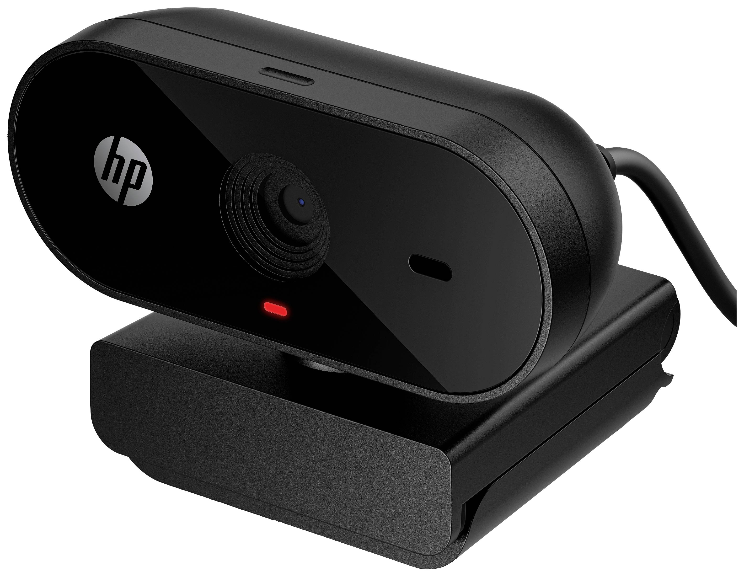 Černá webová kamera HP s červeným osvětlením, umístěná na nastavitelném stojánku. Vhodná pro videokonference nebo online streamování.