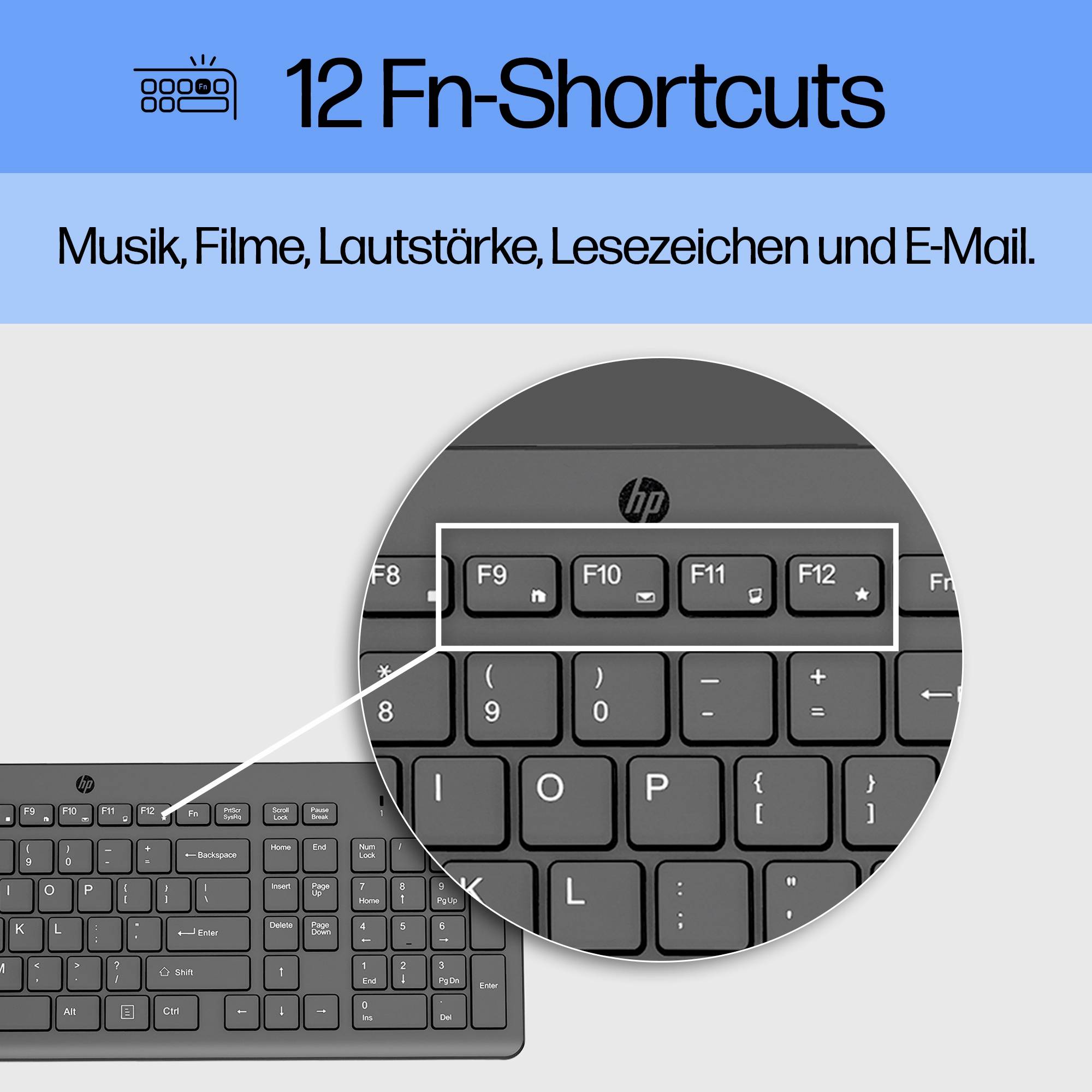 Klávesnice se zvýrazněnými klávesovými zkratkami Fn, které lze použít pro hudbu, filmy, hlasitost, záložky a e-mail.