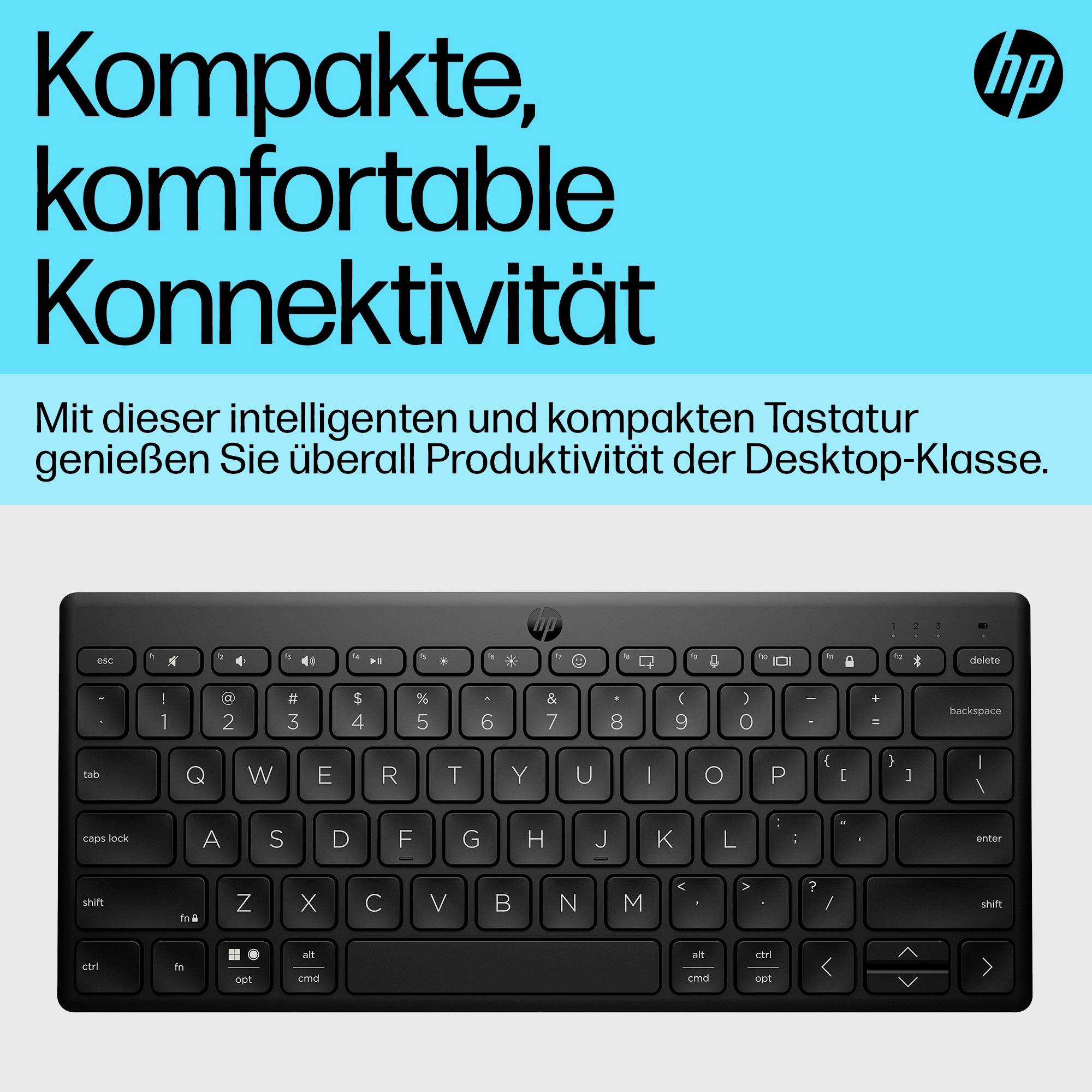 Reklama na bezdrátovou klávesnici HP: Kompaktní, pohodlné připojení. Ideální pro mobilní produktivitu s vlastnostmi ve třídě stolních počítačů.