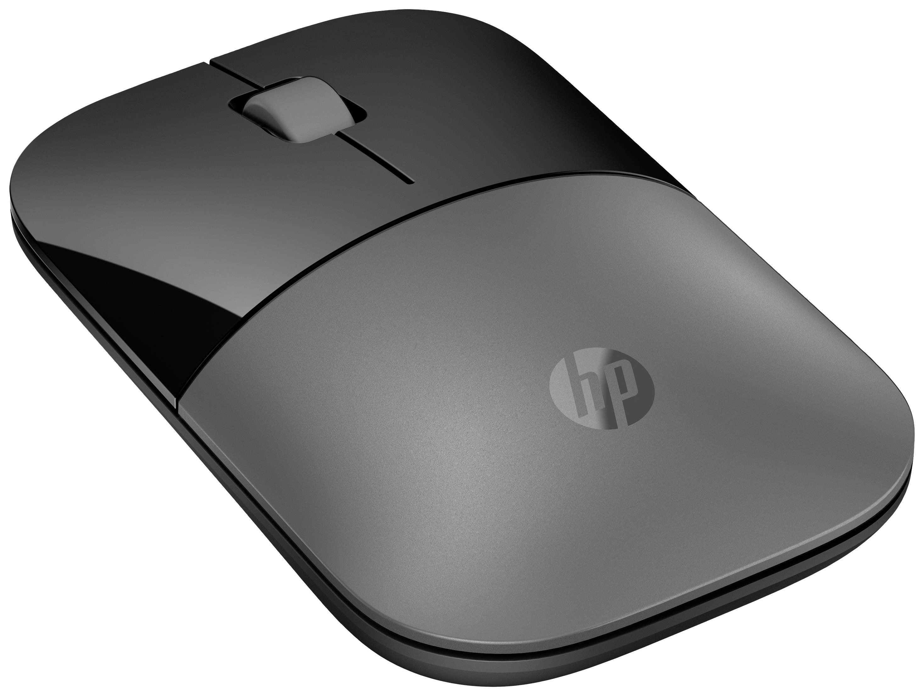 Černá počítačová myš s logem HP, obdélníkového tvaru, štíhlého designu.
