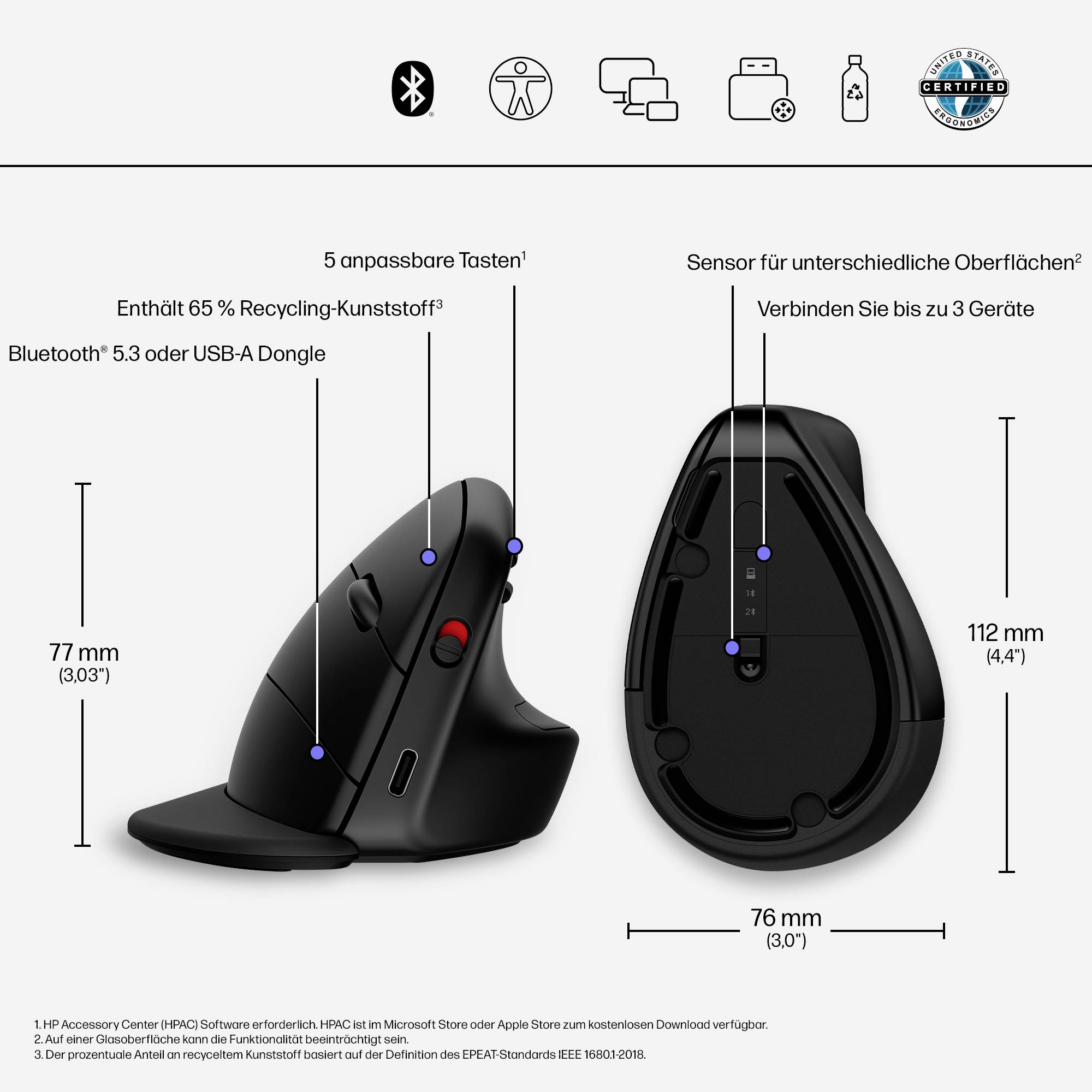 Ergonomická vertikální myš s 5 nastavitelnými tlačítky, vyrobená z recyklovaného plastu, připojení přes Bluetooth nebo USB-A, kompatibilní se 3 zařízeními.