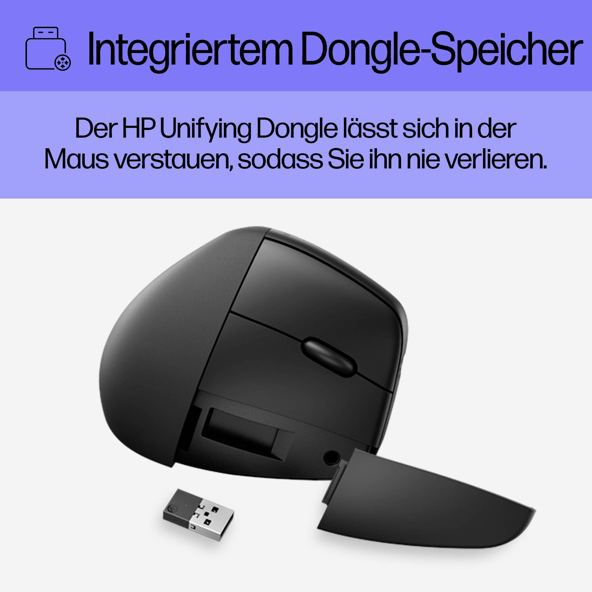 Černá počítačová myš s otevřeným úložným prostorem ukazuje malý USB dongle, který je bezpečně uložen uvnitř.