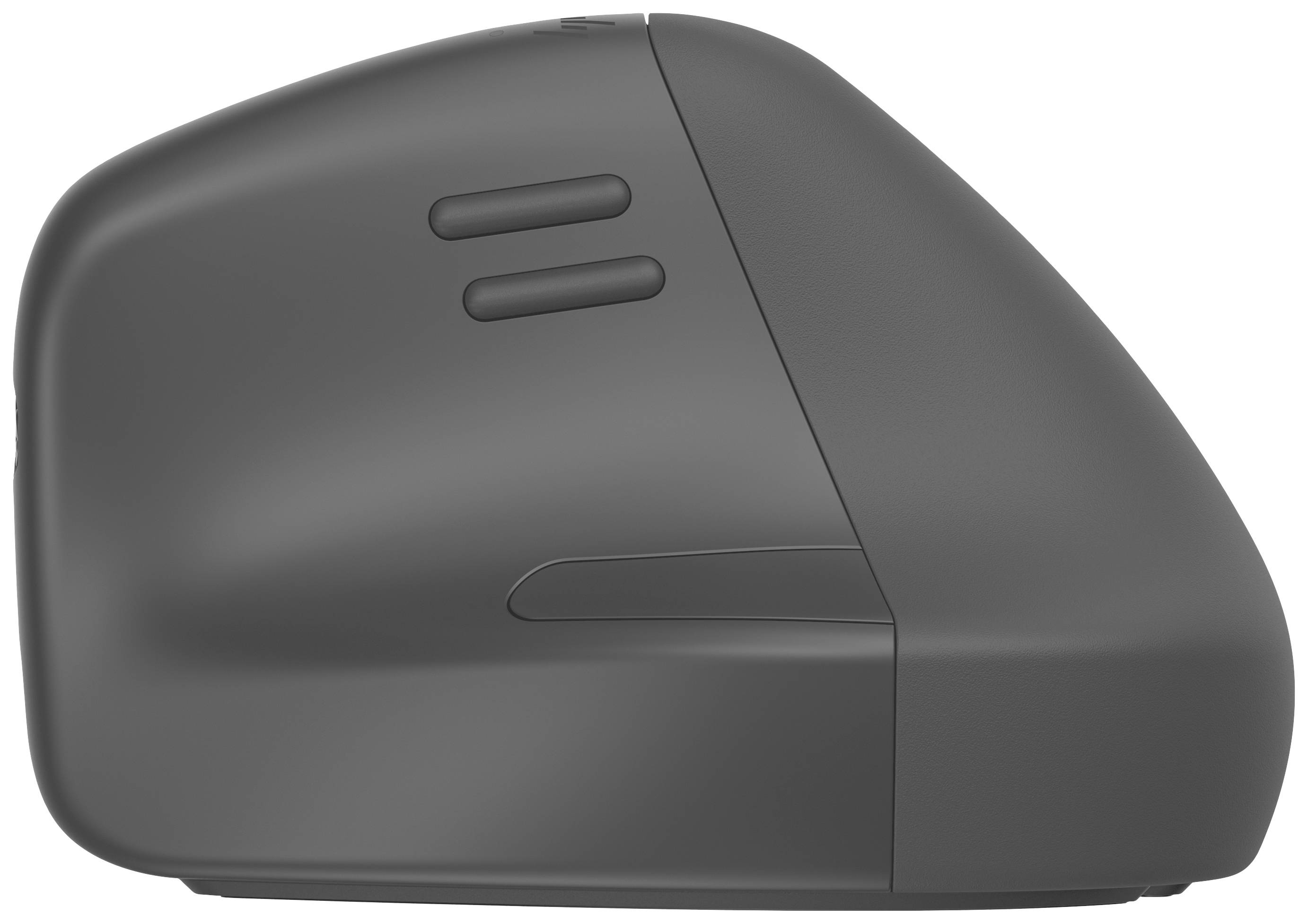 Ergonomická vertikální myš, pohled z boku, šedá, se dvěma postranními tlačítky.
