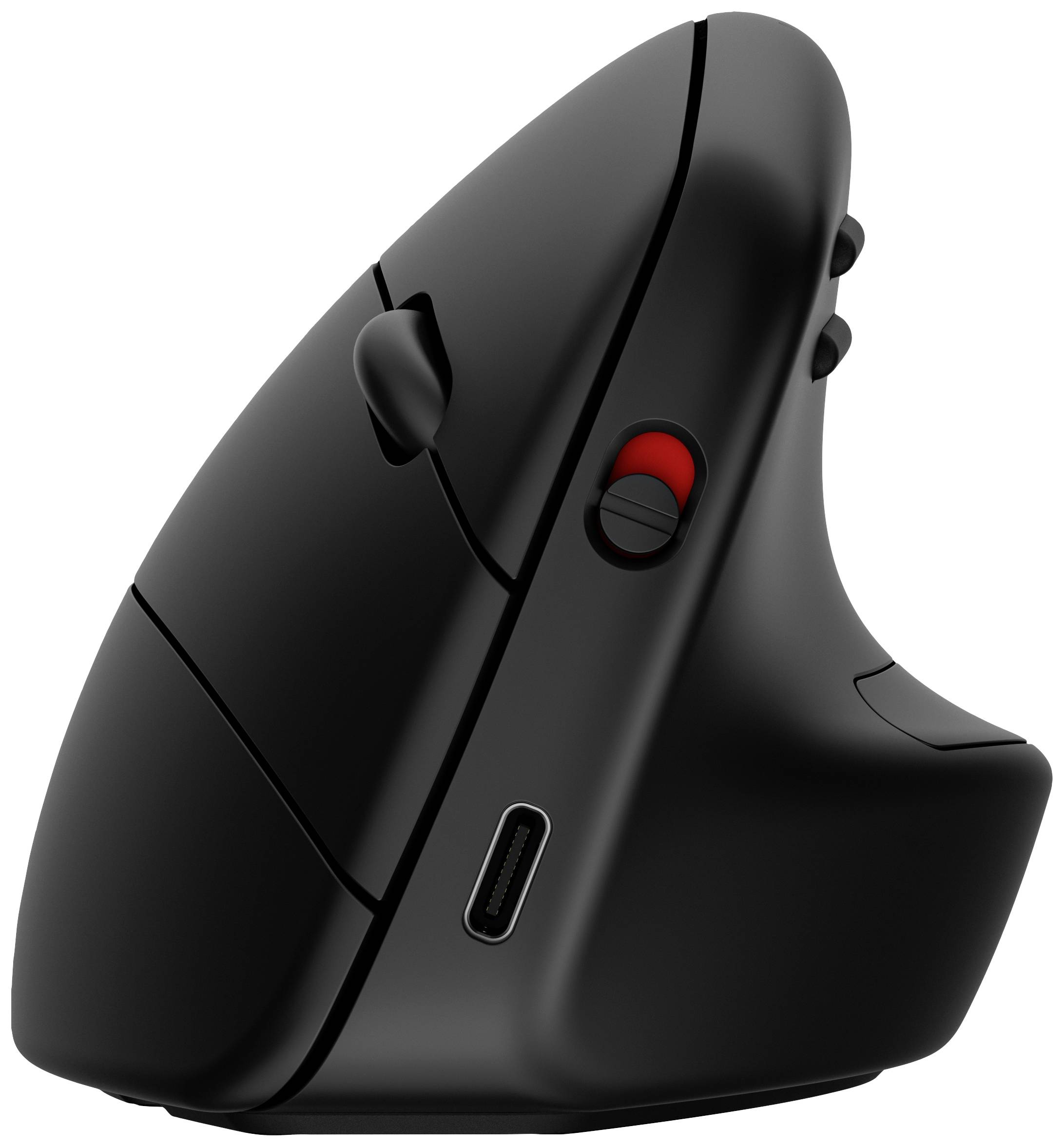 Ergonomická, vertikální počítačová myš v černé barvě s bočními tlačítky a USB připojením, navržená pro pohodlné držení ruky.