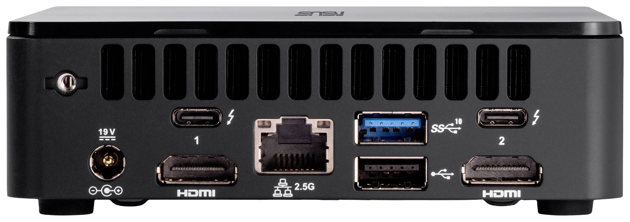 Zadní pohled na mini PC s různými porty, včetně HDMI, USB, Ethernetu a napájecího konektoru. Ideální pro všestranné připojení.