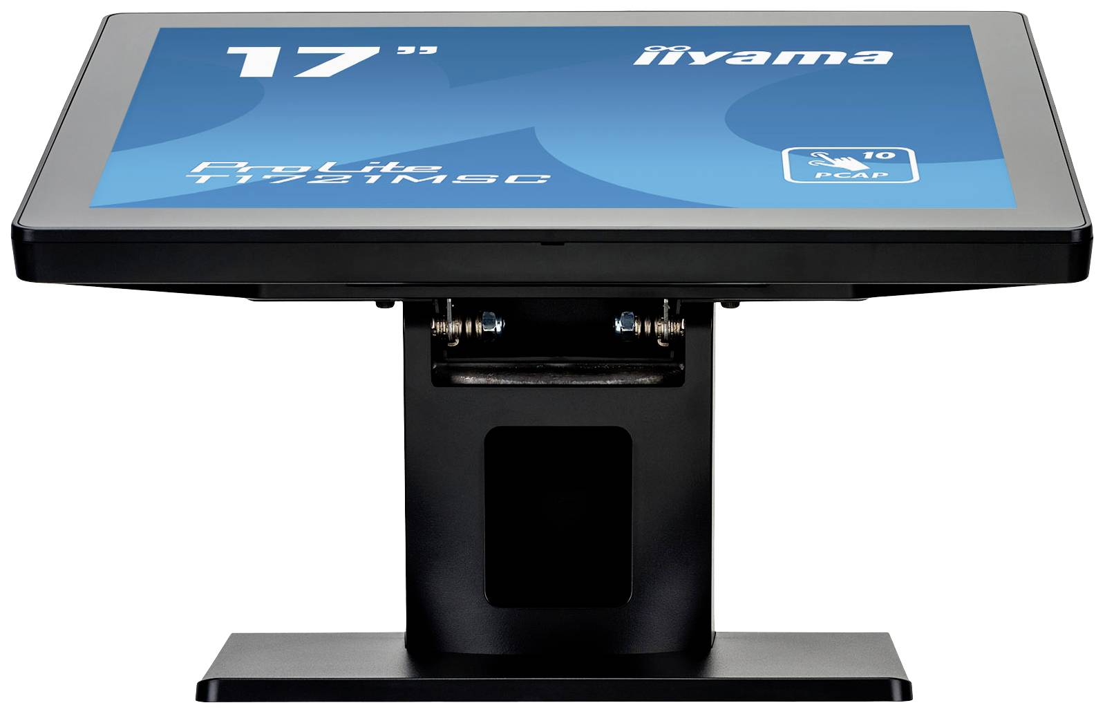 Dotykový monitor Iiyama s úhlopříčkou 17 palců, model ProLite T1732MSC, umístěný na černém stojanu, pohled zepředu.