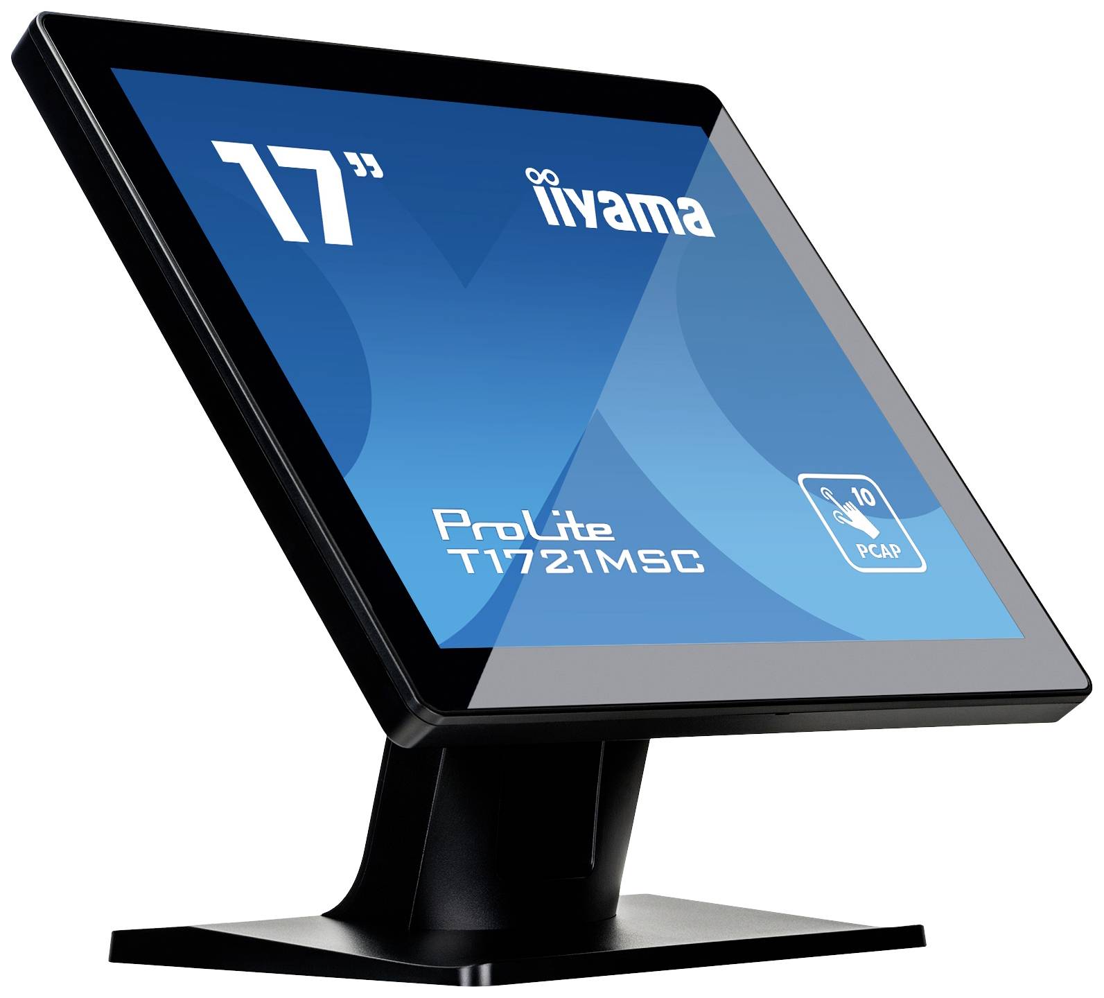 Černý 17palcový dotykový monitor s nápisem 'iiyama' a 'ProLite T1721MSC' na obrazovce s modrým pozadím.