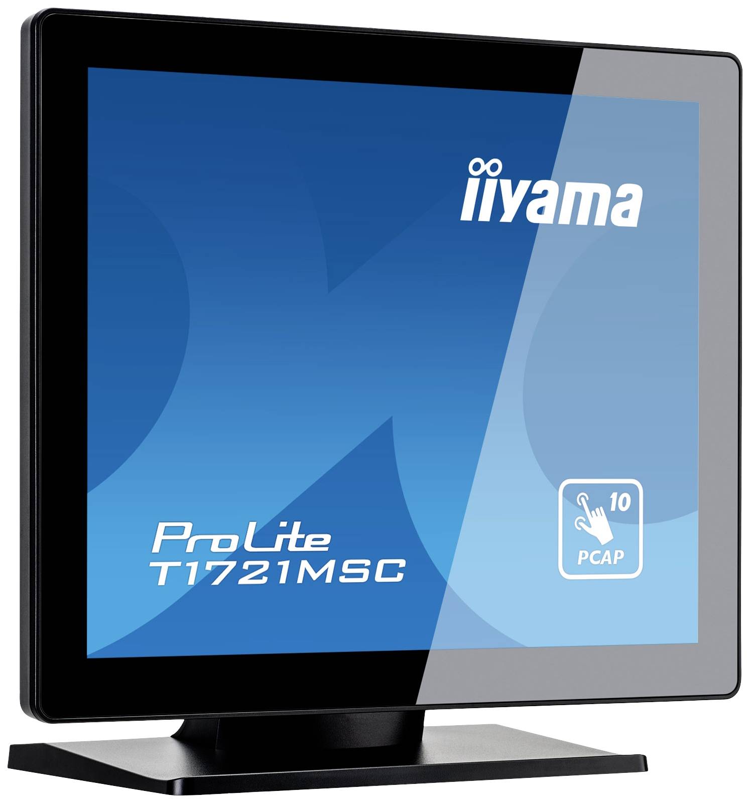 Monitor iiyama ProLite T1721MSC, zobrazuje logo a název modelu, kapacitní 10-bodový dotykový displej, černý rámeček, modré pozadí.