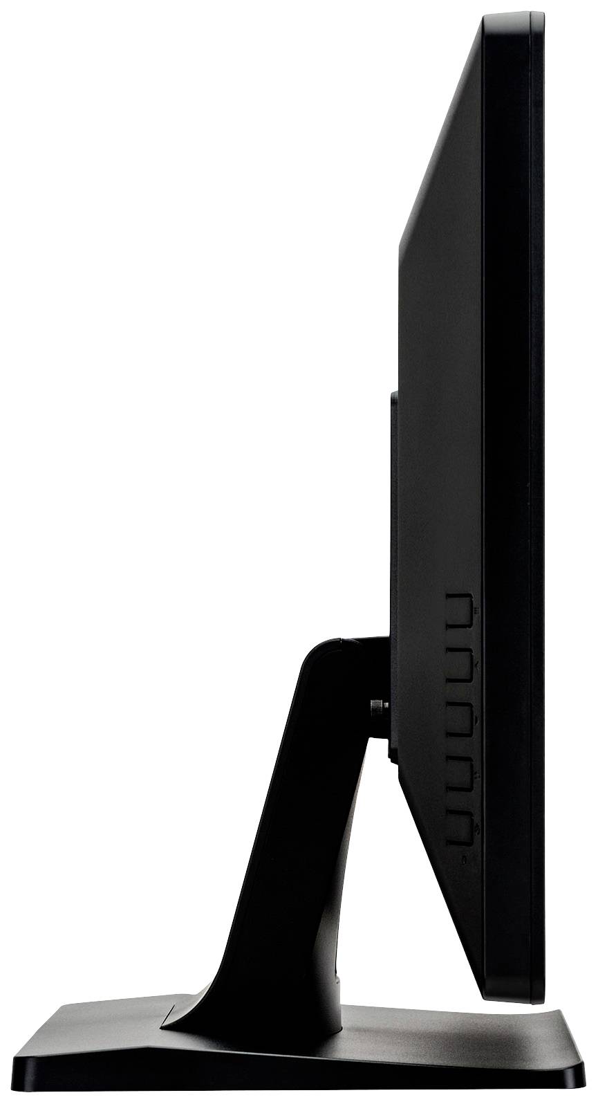 Boční pohled na černý počítačový monitor umístěný na stojanu. Monitor je štíhlý a moderního designu.