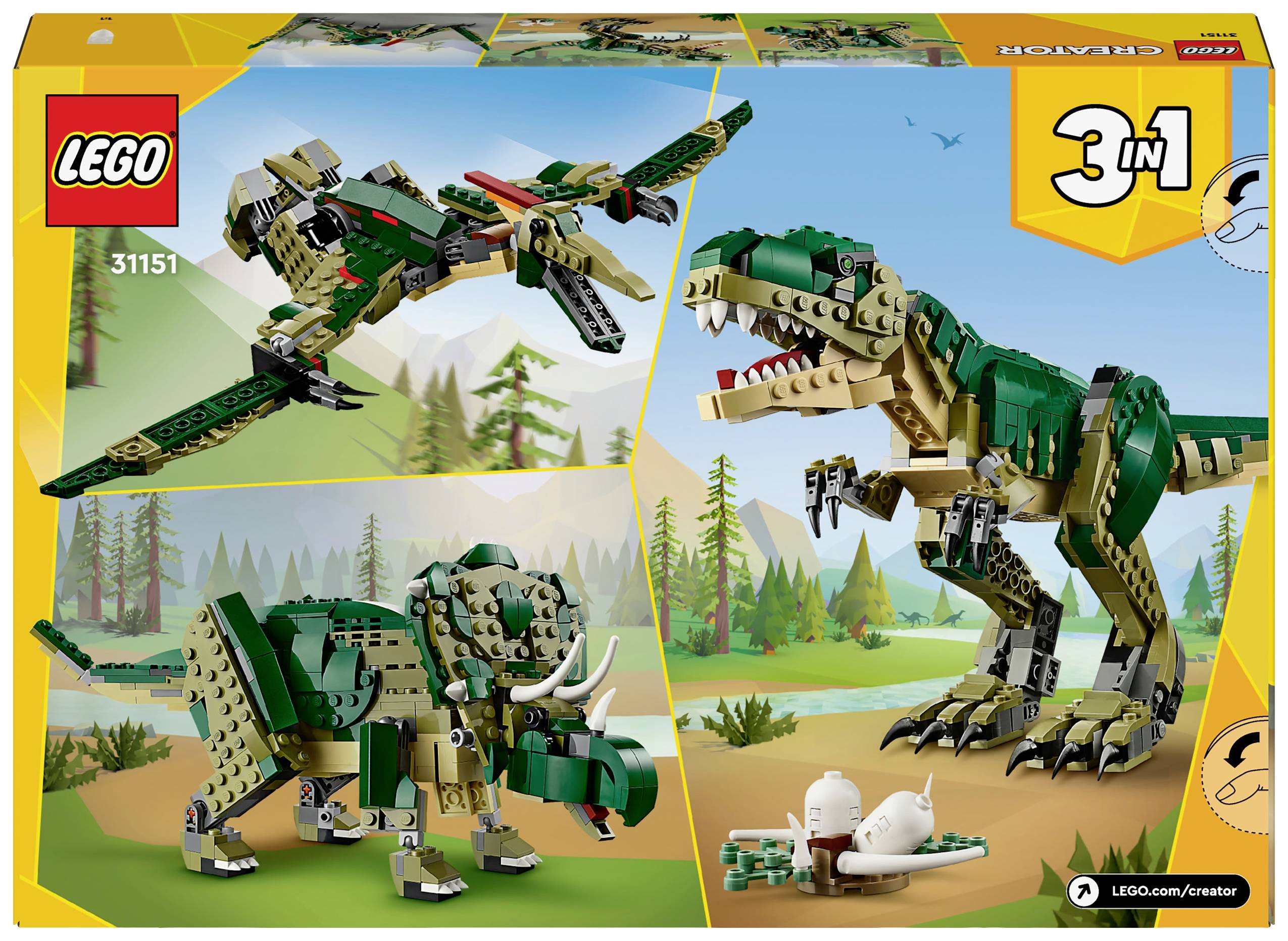 Sada stavebnice Lego se třemi modely dinosaurů: létající pterodaktyl, triceratops a T-Rex. Obsahuje zelené a béžové stavební dílky.