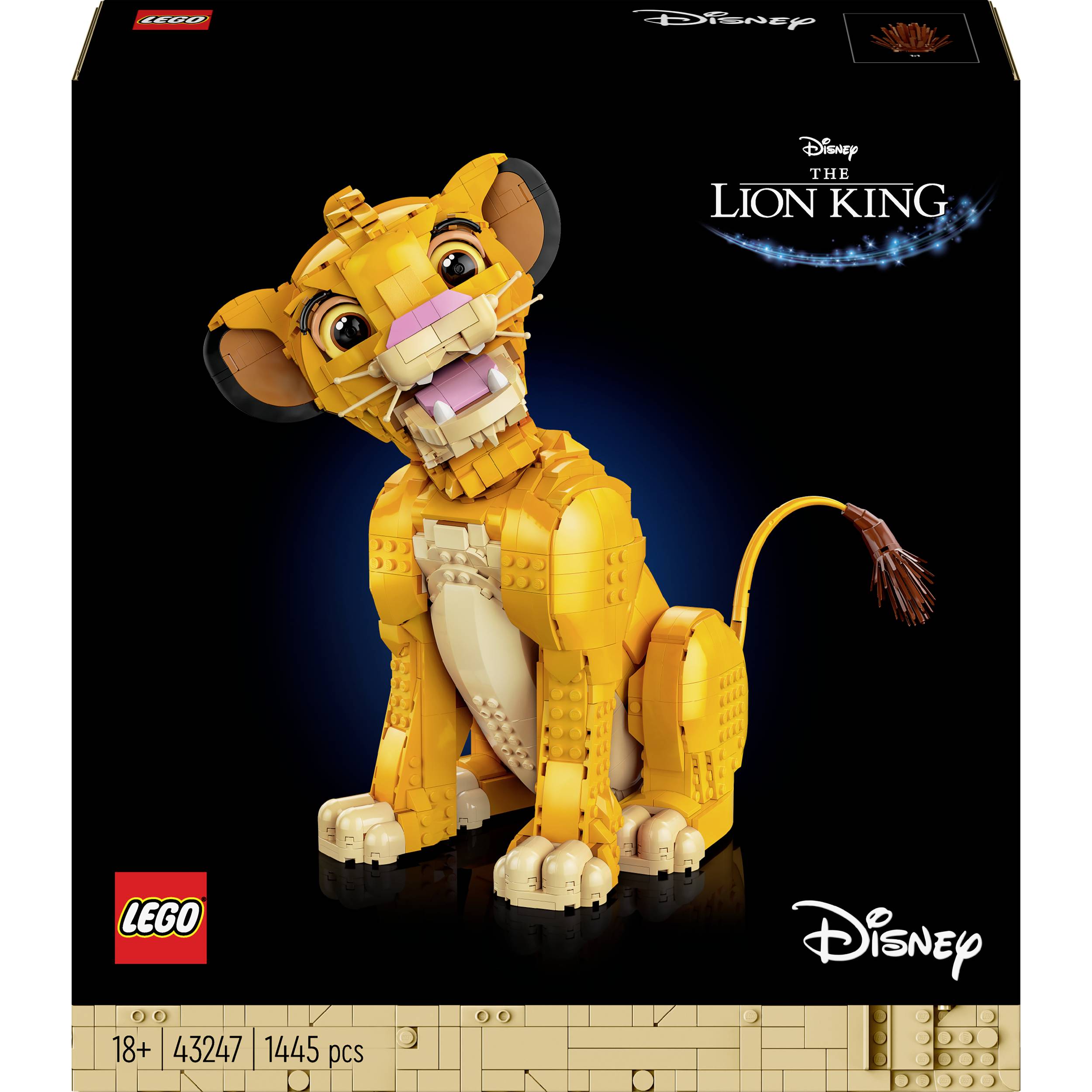LEGO sada s Mufasou z filmu 'Lví král'. Obal zobrazuje stavitelnou figurku Mufasy, která sedí a usmívá se.