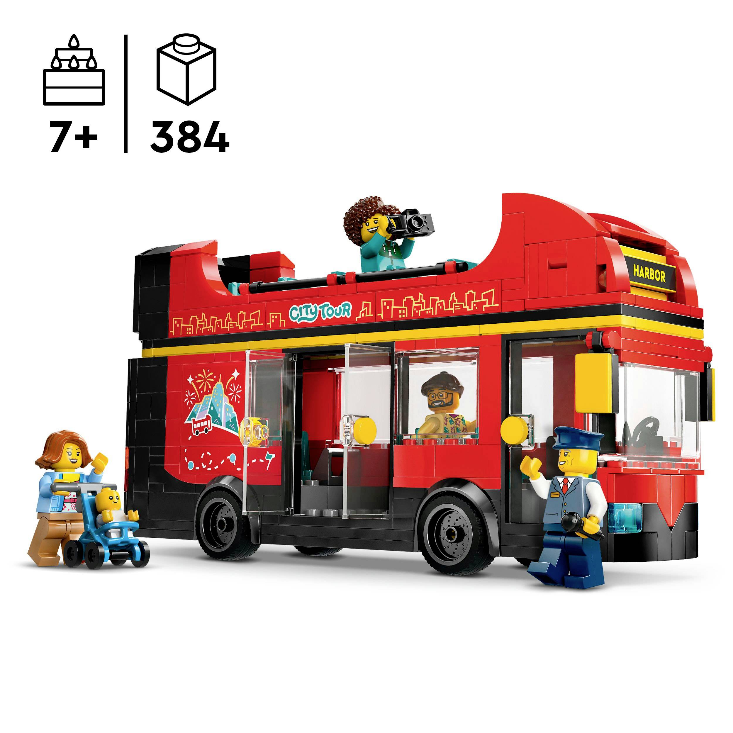 Červený hračkový autobus ze stavebnicových dílků s figurkami. Řidič stojí vpředu, cestující a fotograf nahoře, nápis 'City Tour'. Obsahuje 384 dílků, vhodné pro děti od 7 let.