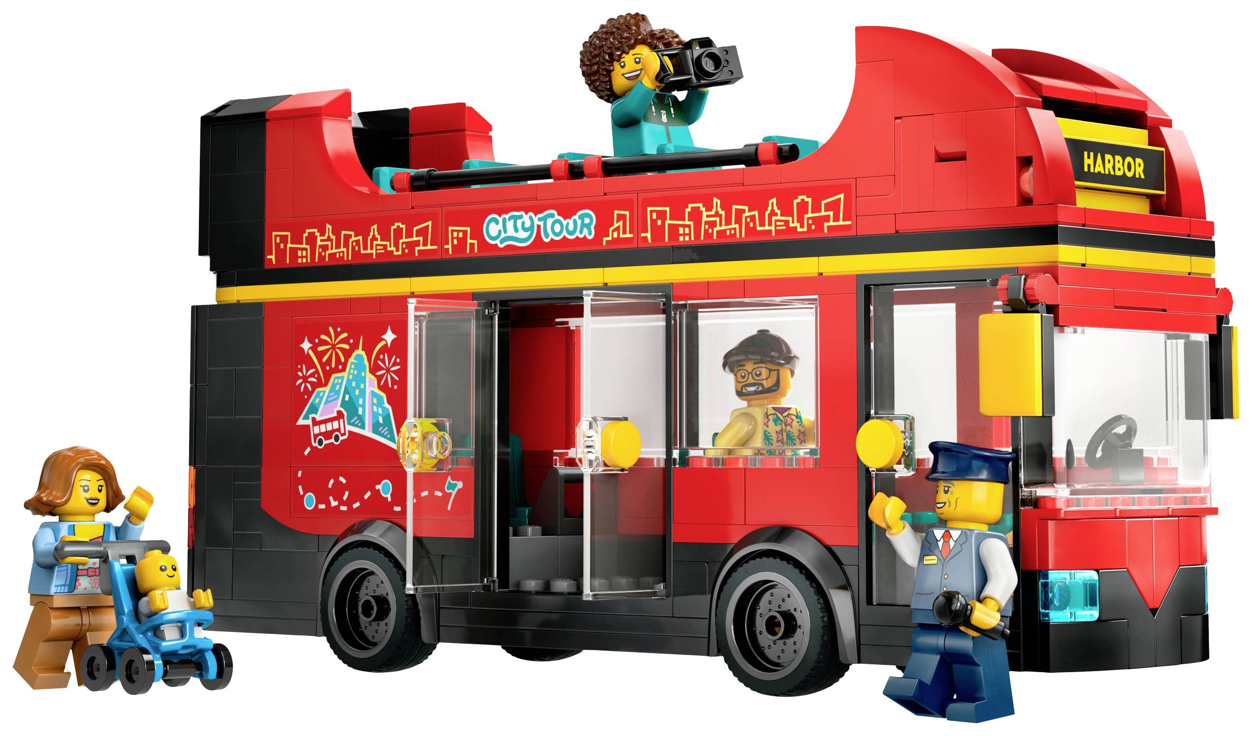 Lego autobus s otevřeným horním patrem, s fotografem, řidičem, maminkou s kočárkem a turistou s kopečkem zmrzliny.
