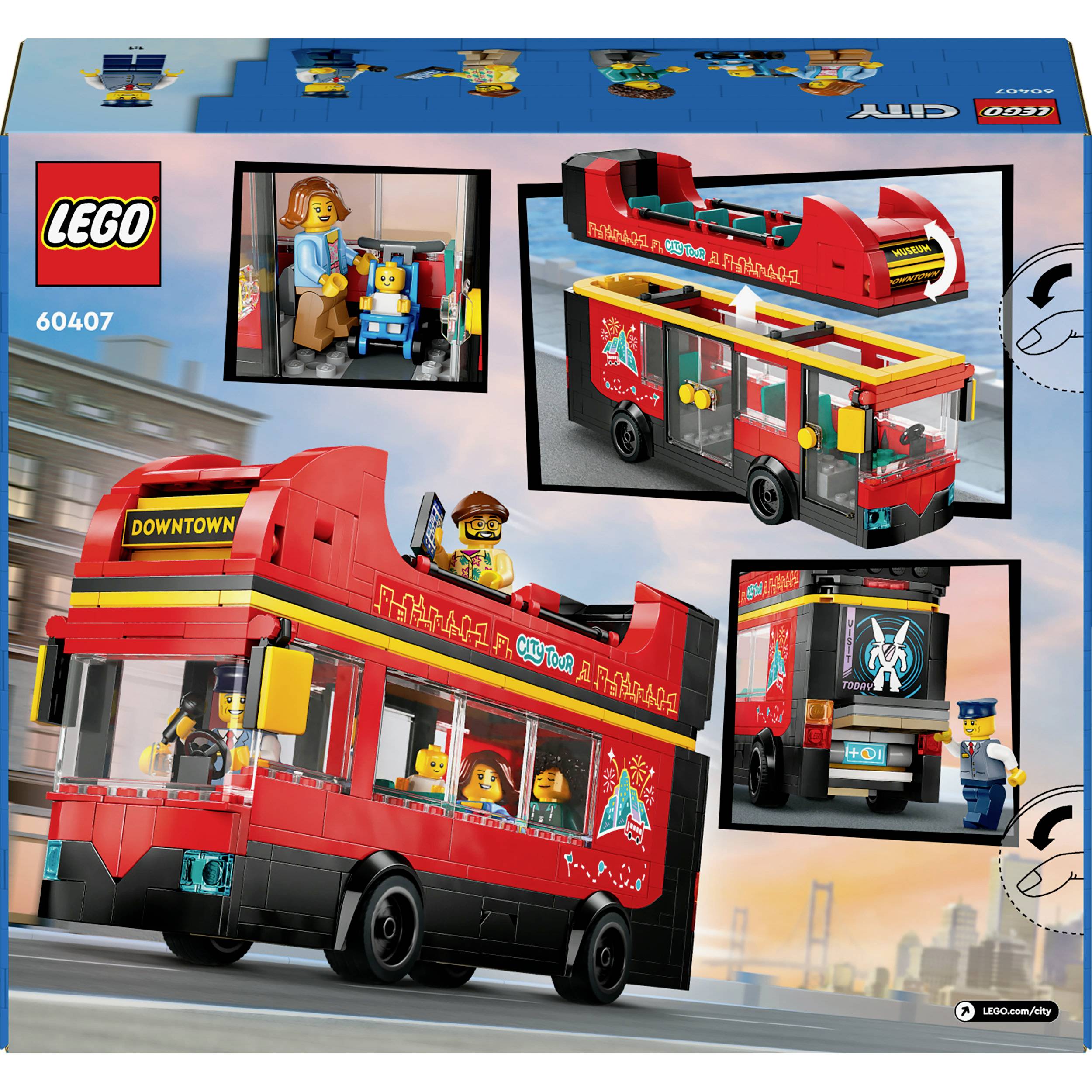 Sada LEGO: Červený dvoukřídlý autobus s figurkami. Obrázky ukazují autobus z různých úhlů a některé cestující uvnitř.
