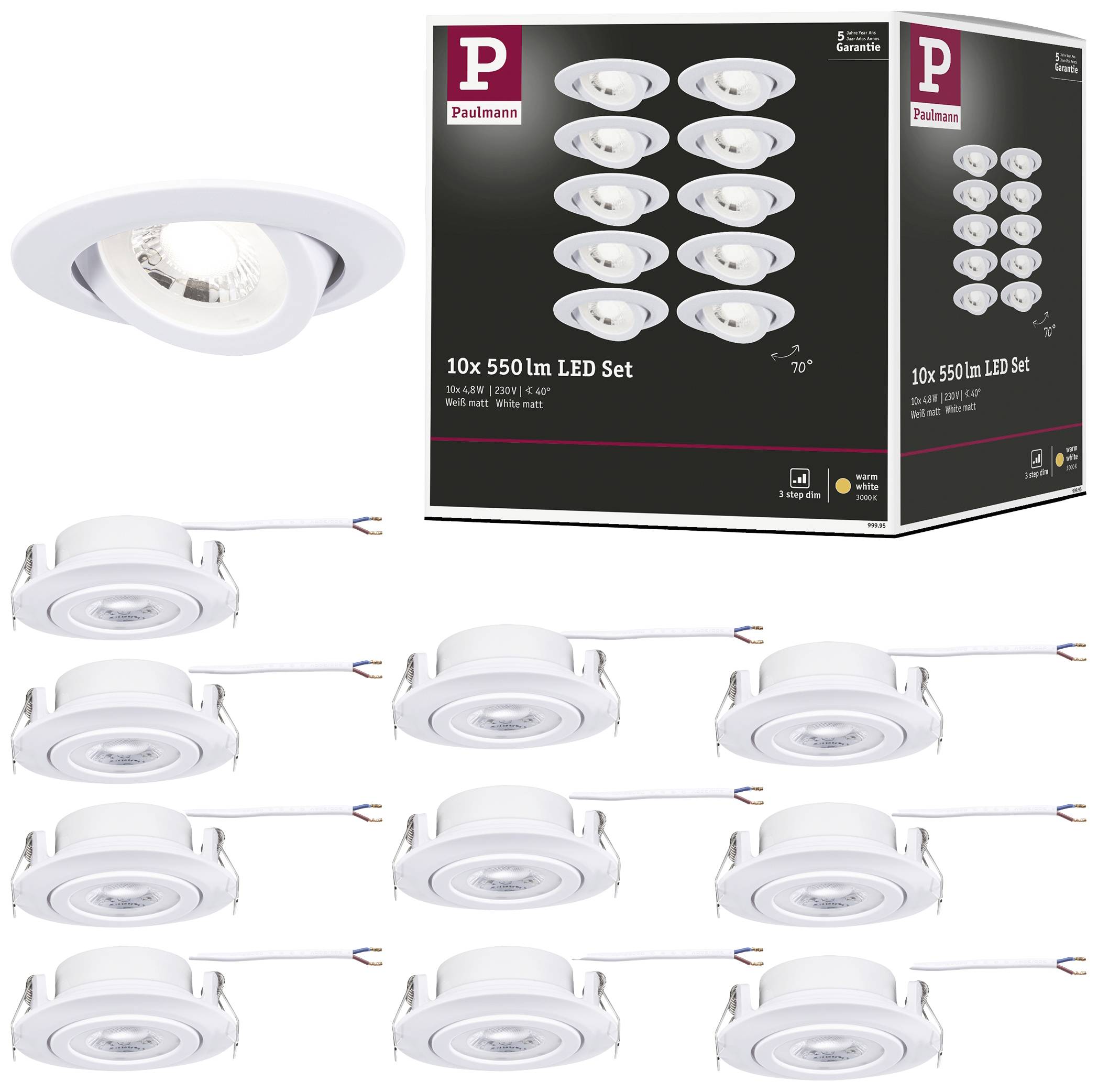 Sada LED podhledových svítidel se 10x 550 lm, kulatá, stmívatelná, úsporná. Balení zobrazuje obrázek produktu a značku.
