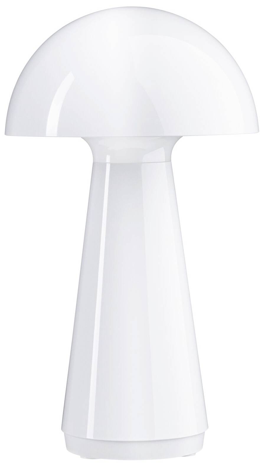 Bílá houbová lampa s minimalistickým designem a lesklým povrchem, stojící volně na bílém pozadí.