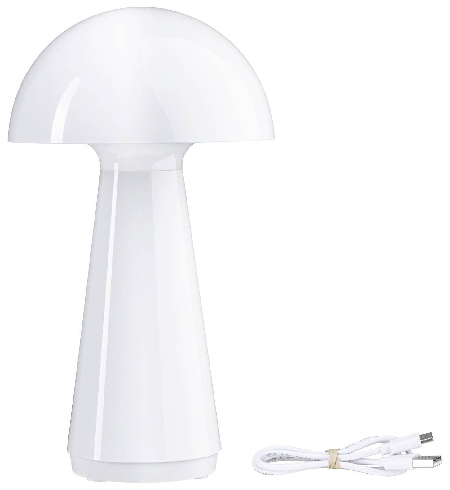 Bílá, houbovitá LED lampa s hladkým povrchem a vedle ní USB nabíjecí kabel.