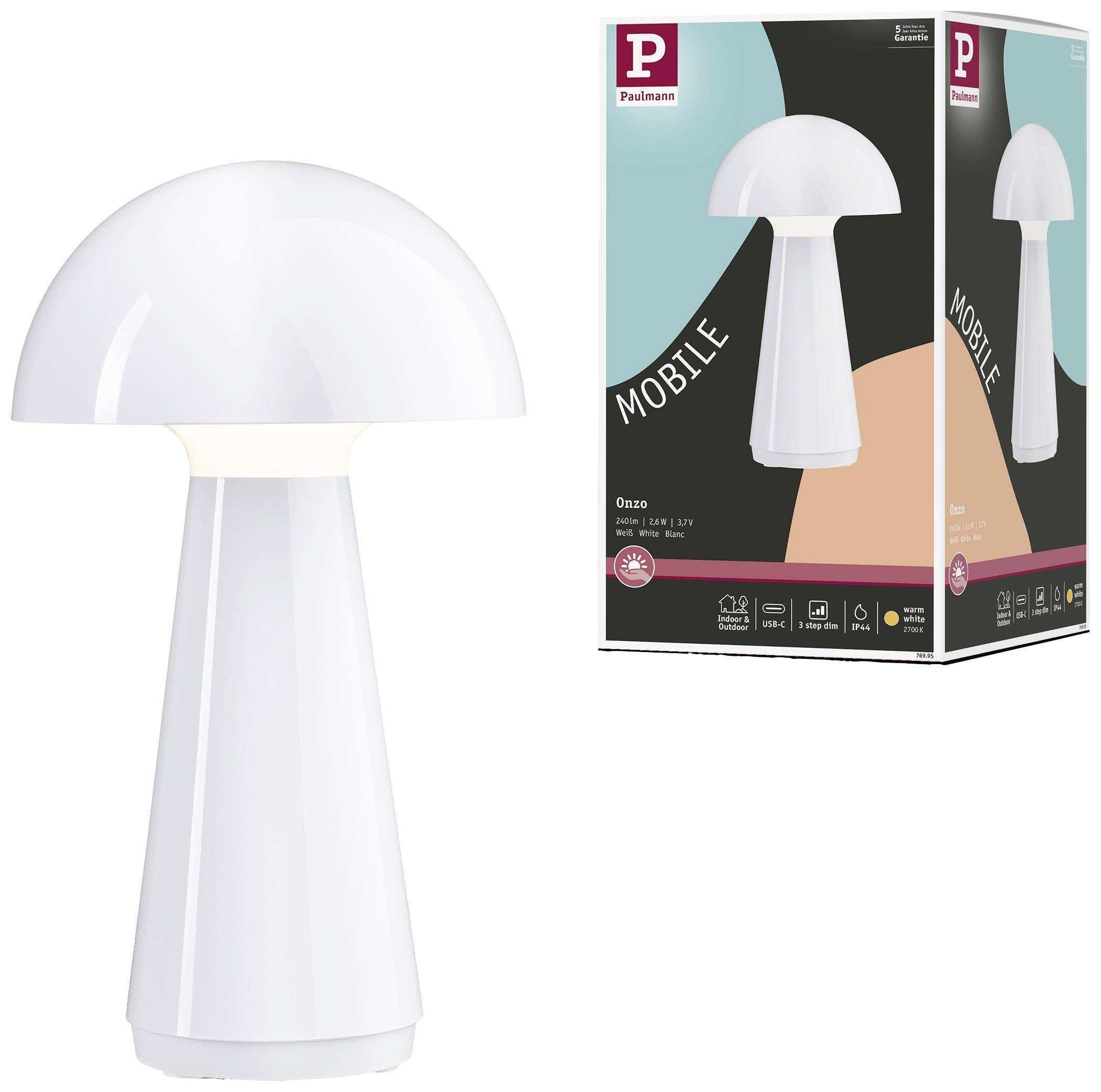 Bílá stolní lampa s kulatým, kopulovitým stínítkem vedle obalu, který ukazuje design produktu.