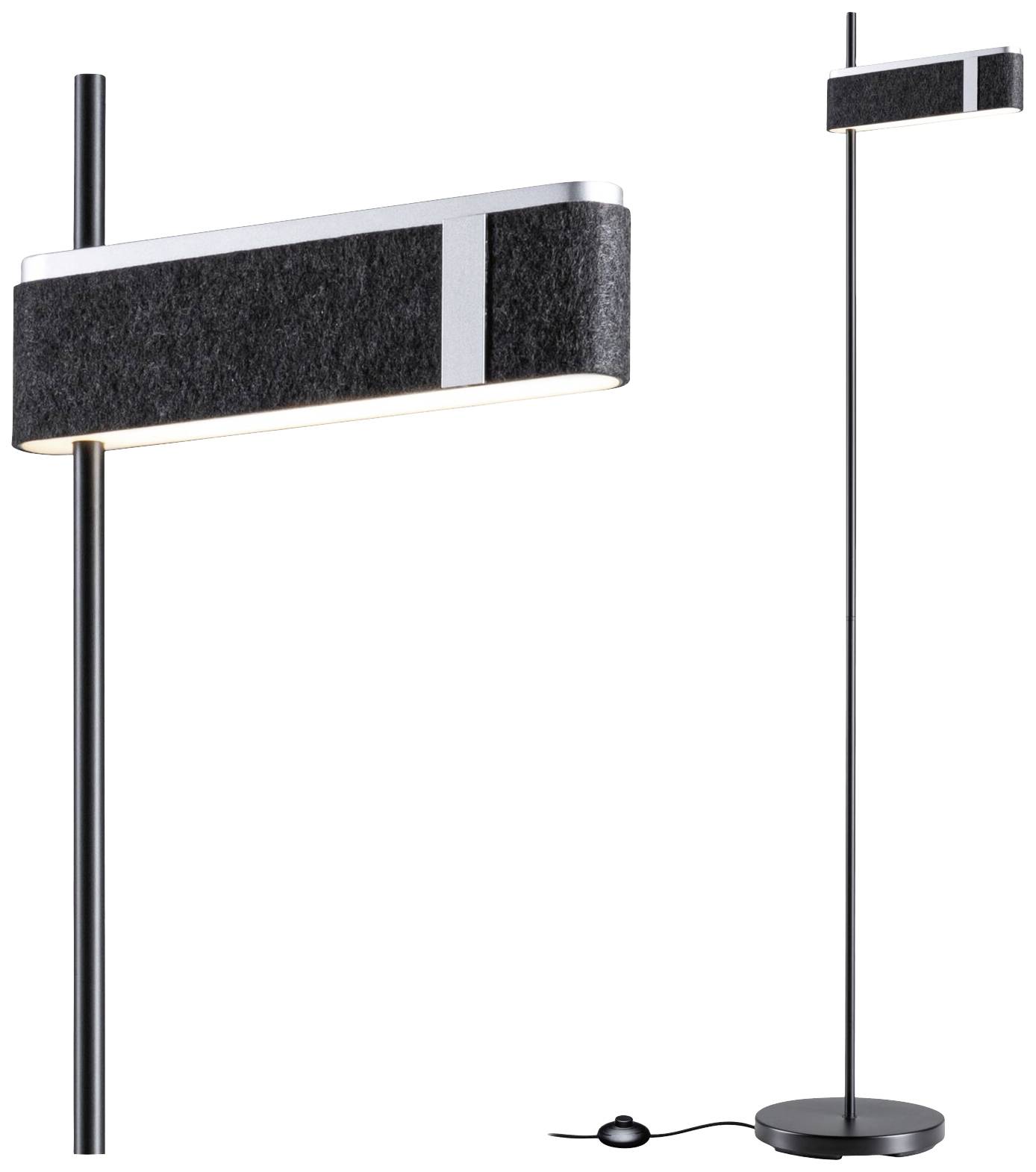 Stojací lampa s moderním designem, černým stínidlem a kovovým podstavcem. Vhodná do současných obytných prostor nebo kanceláří.
