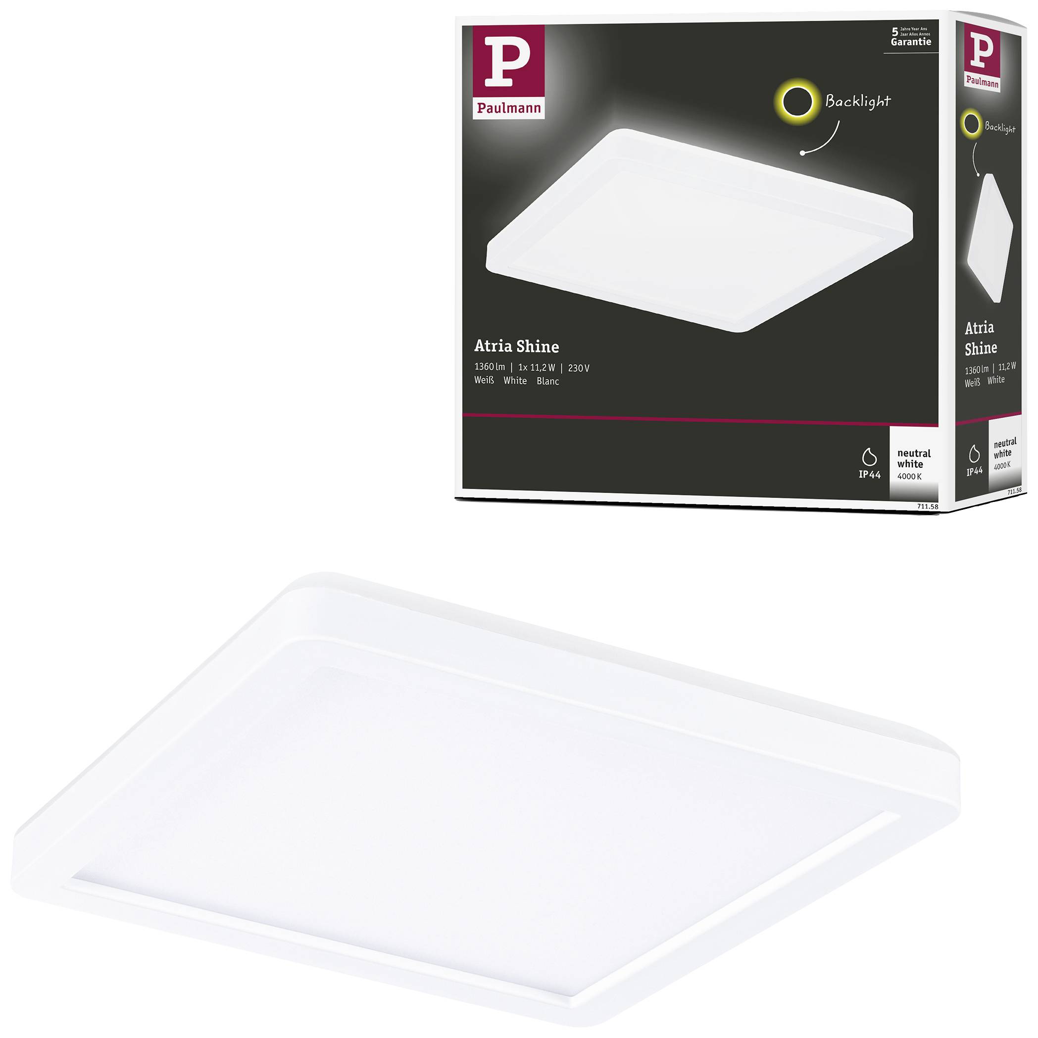 LED stropní svítidlo 'Atria Shine' od Paulmann, čtvercové, 1800 lumenů, teplá bílá, IP44, integrované zadní osvětlení. Obal zobrazuje obrázek produktu.