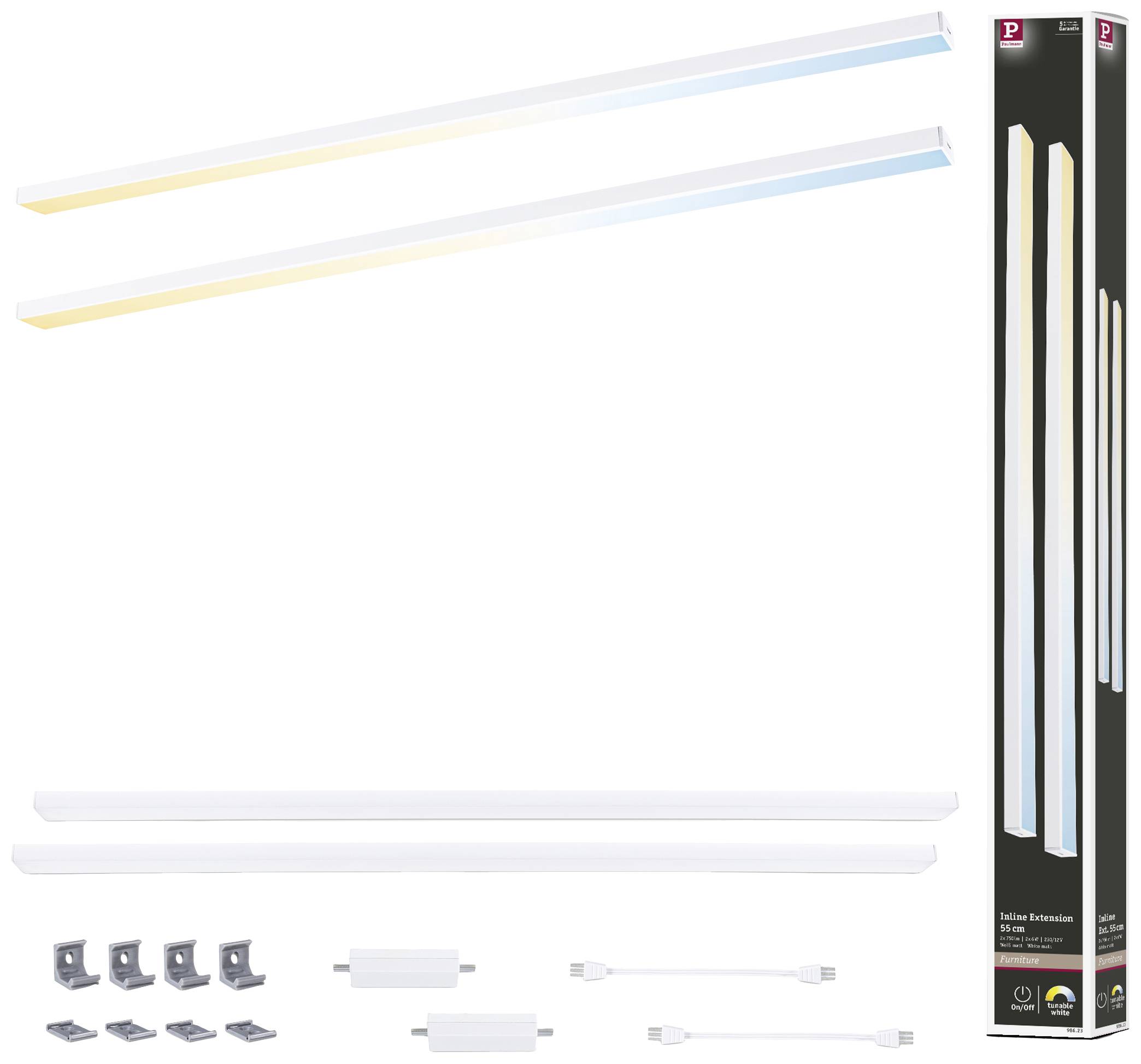 LED pásek s teplým a studeným světlem, montážním příslušenstvím a kabely. Balení zobrazuje produkt při použití. Ideální pro osvětlení.