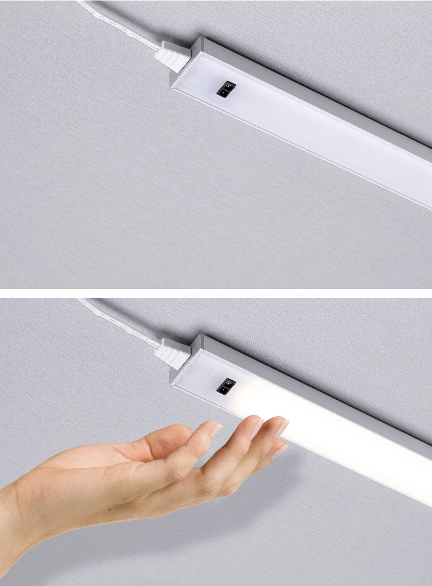Nahoře: Bílá LED lišta na stěně, vypnutá. Dole: Ruka pod rozsvícenou LED lištou, která osvětluje prostor.
