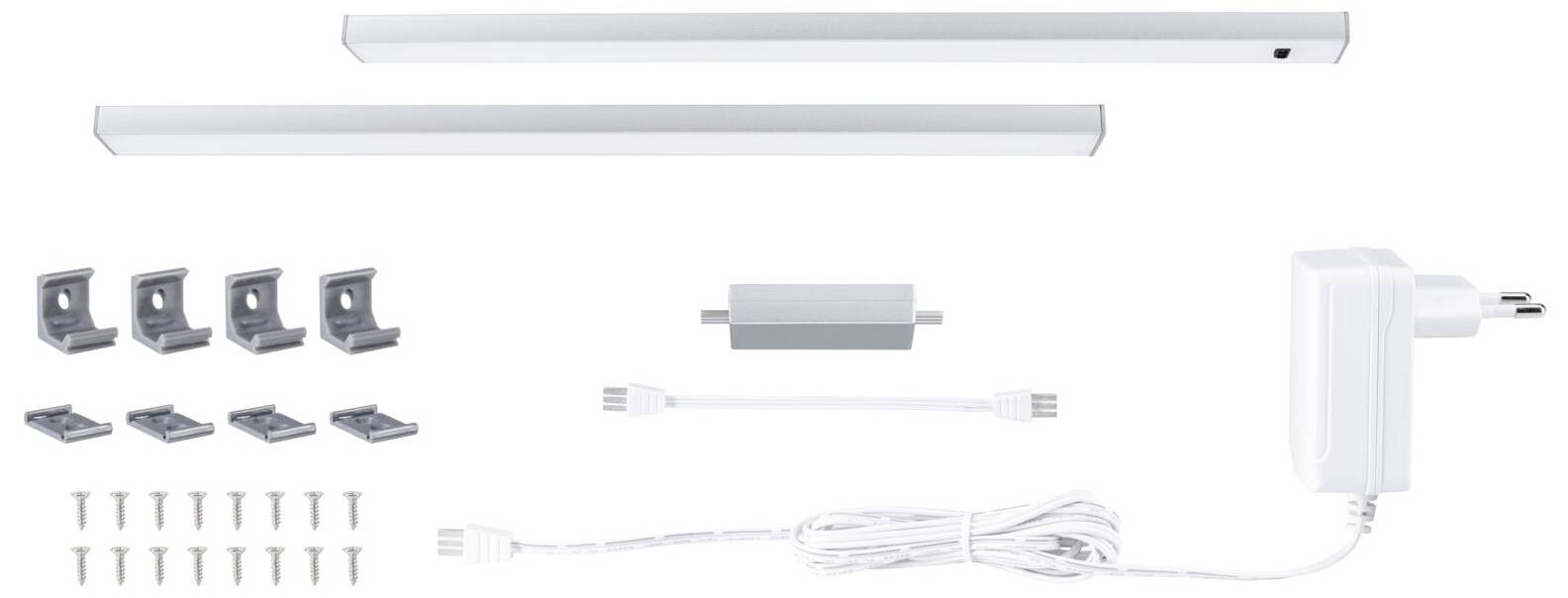 Sada LED pásků obsahující LED pásky, napájecí adaptér, propojovací kabel, držáky a šrouby pro instalaci. Ideální pro nepřímé osvětlení.