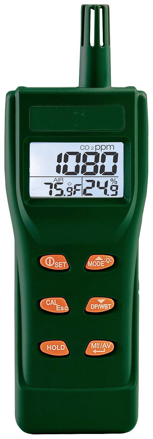 Zelený CO2 měřič s displejem zobrazuje '1030 ppm', teplotní údaje ve stupních Fahrenheita a Celsia, s ovládacími tlačítky.