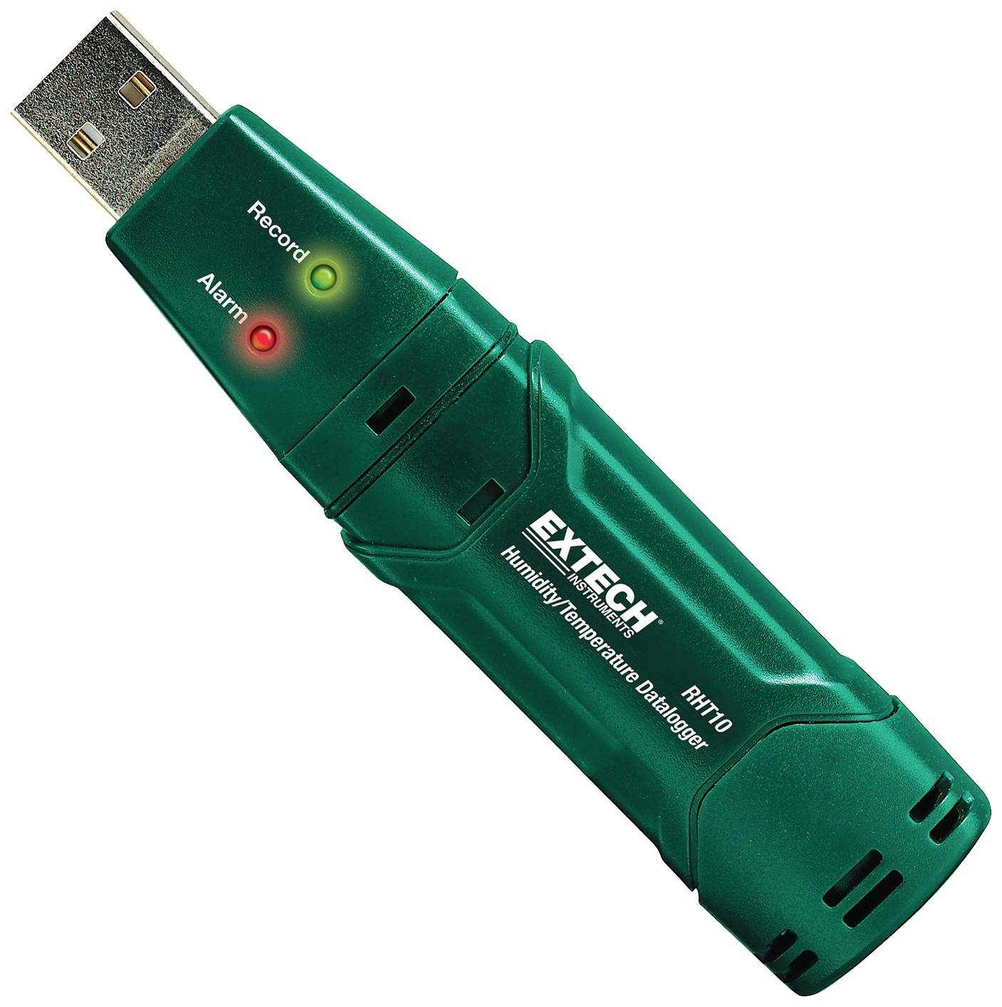Zelený teplotní datalogger s USB připojením zobrazuje dva indikátory: 'Záznam' v zelené barvě a 'Alarm' v červené. Model: Extech RHT10.