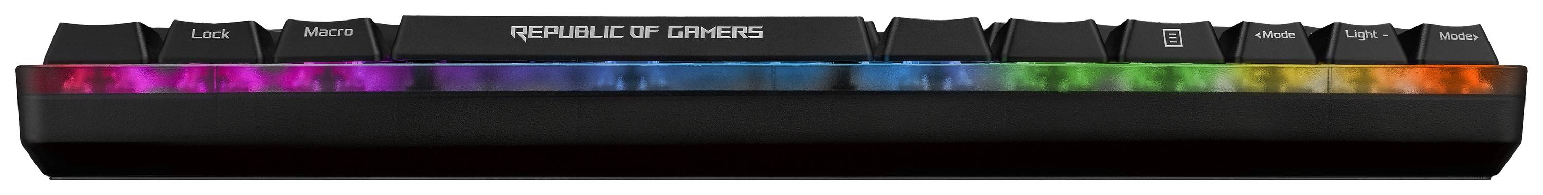 Klávesnice s podsvícenými RGB klávesami s nápisem 'Republic of Gamers'.