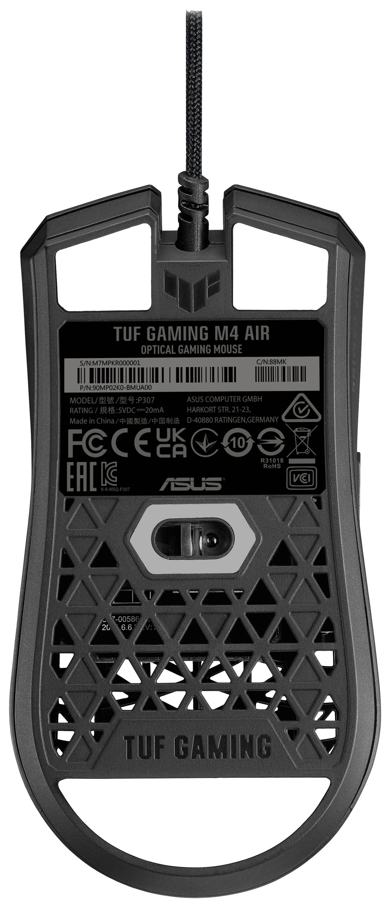Spodní strana herní myši 'TUF Gaming M4 Air' s kabelem zobrazuje designový rastrový vzor připomínající včelí plástev, loga a produktové informace.